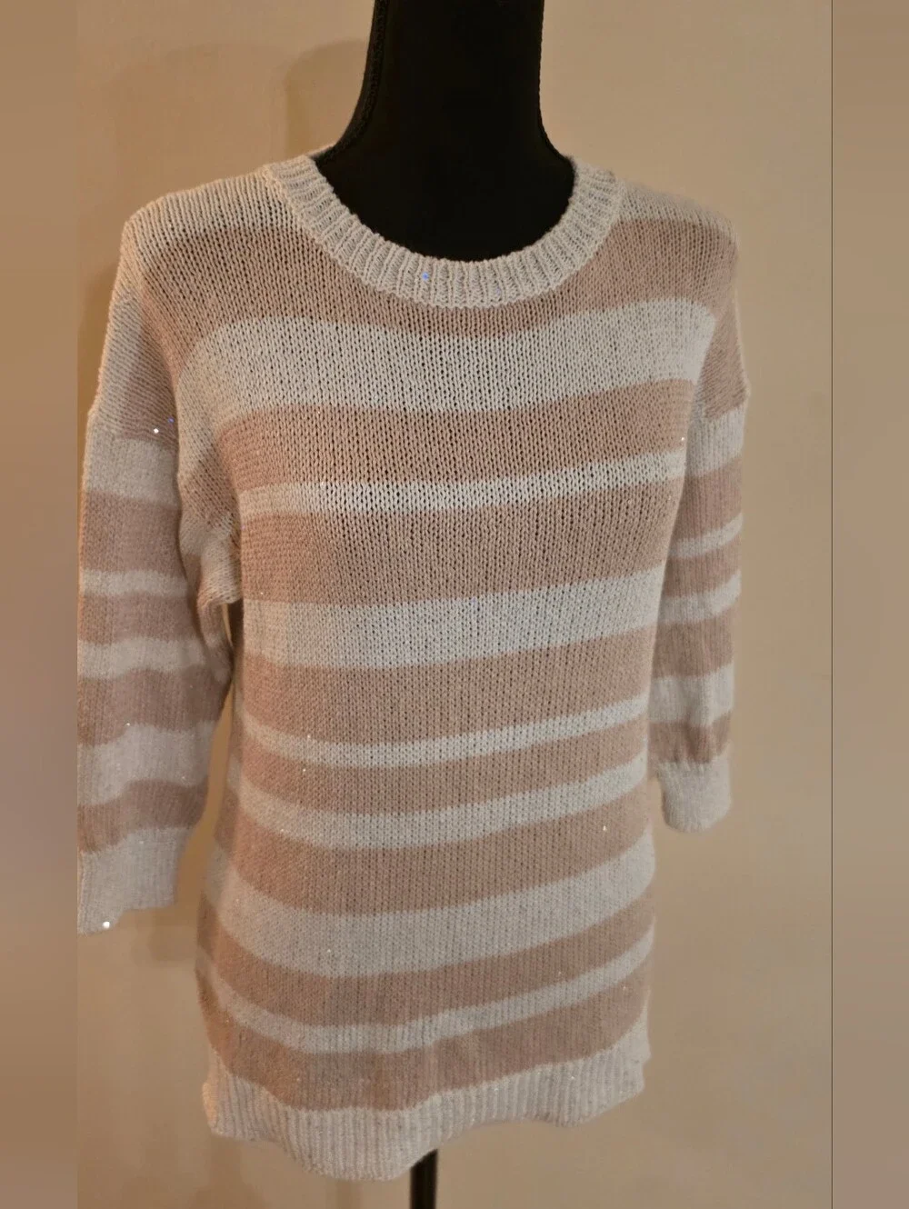 Saks Sparkley Ladies Striped Crewneck Sweater in Tan & White (Med) Viscose Blend